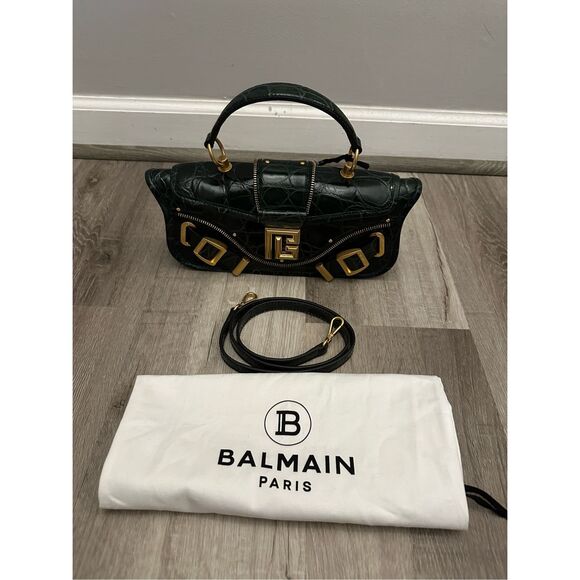 Balmain Blaze Smooth Calf Leather Medium Flap Clutch Crossbody Bag Green $2650 - Picture 14 of 16